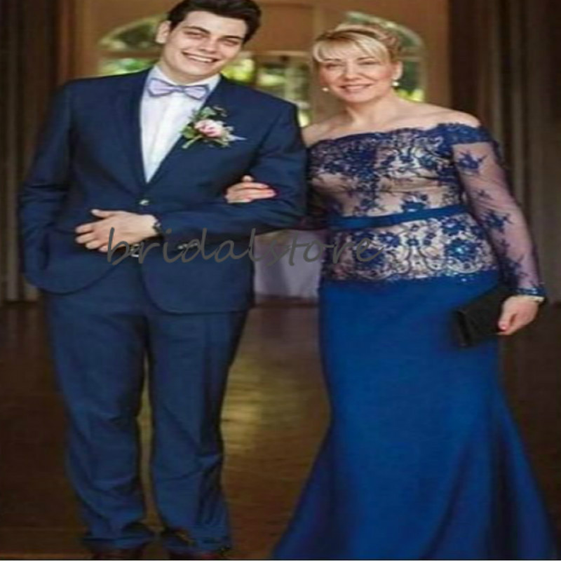 Vintage Navy Blue Mother Of The Bride Dresses Mermaid Plus Size Long Mom Evening Gowns Boat Neck Lace Long Sleeve Groom Mother Dresses