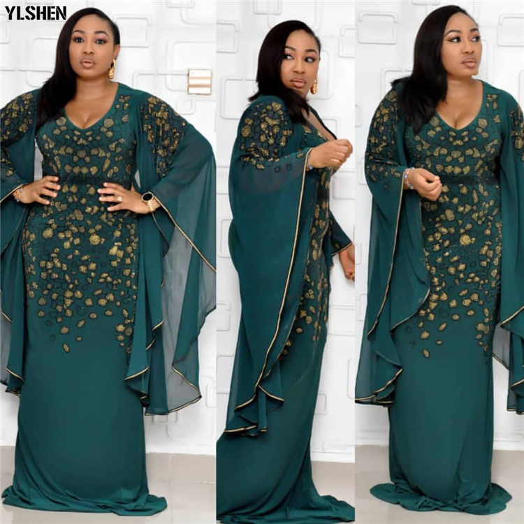 African Dresses for Women Dashiki African Clothes Bazin Broder Sexy Slim Ruffle Sleeve Gold Sequin Embroidery Africa Skirt Dress