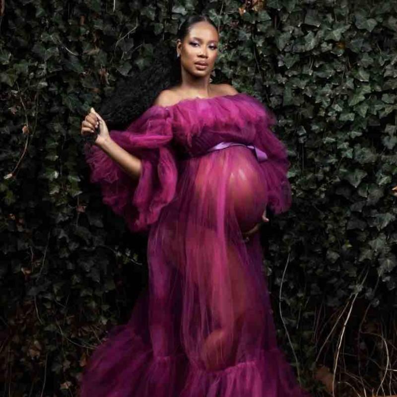 Purple Pregnant Women Party Dress Off Shoulder Tulle Ruffles Plus Size Prom Dress See Through Sexy Maternity Photoshoot Gowns Vestidos