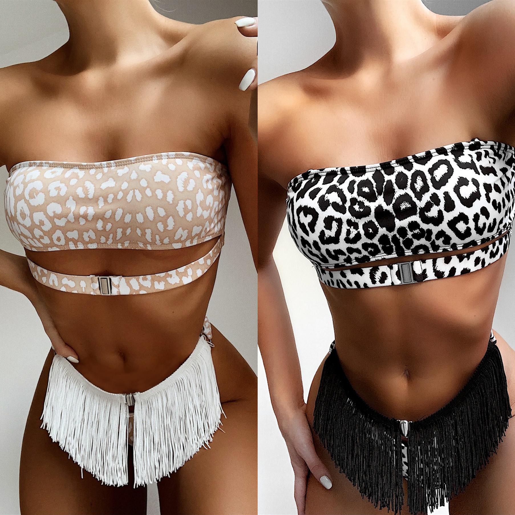 Sexy bikini push up bandeau swimwear 2020 female Leopard print swimsuit women tassel bathing suit bathers bodysuit