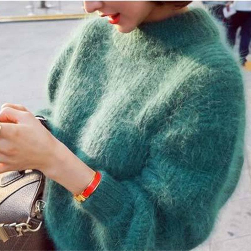Women Pullover Lantern Sleeve Thick Oversize Pull Solid Green Sweater 2018 Autumn Winter Female Causal Knitted Sweater S118