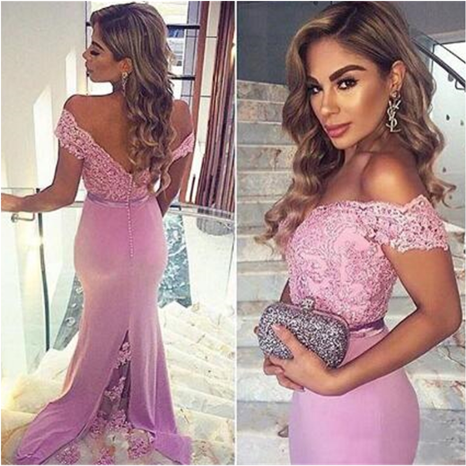 2020 Light Purple Off Shoulder Bridesmaid Dresses For Wedding Lace Beaded Mermaid Formal Party Gowns With Buttons Maid Of Honor Dresses