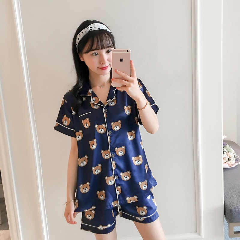 2019 Summer Short Sleeve Silk Pamas Two Pieces Set Sleepwear Sexy Nightwear for Women Sleeping pijamas mujer