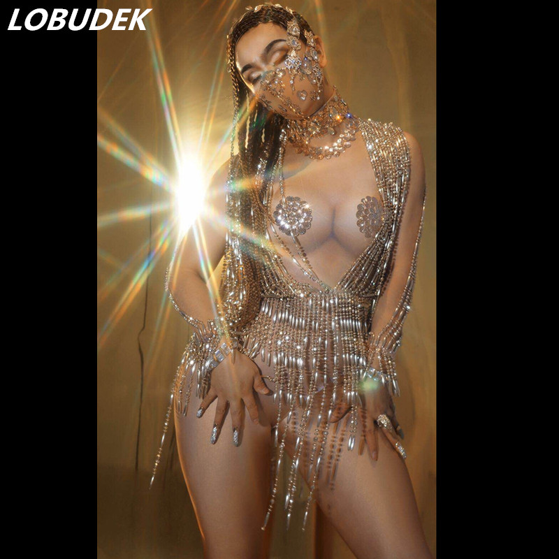 Gold Crystals Beading Chain Fringes Bodysuit Sexy Nightclub Bar DJ Stage Wear Singer Dancer Concert Performance Tassels Costume, One size stretch
Gold Crystals Beading Chain Fringes Bodysuit Sexy Nightclub Bar DJ Stage Wear Singer Dancer Concert Performance Tassels Costume, One size stretch