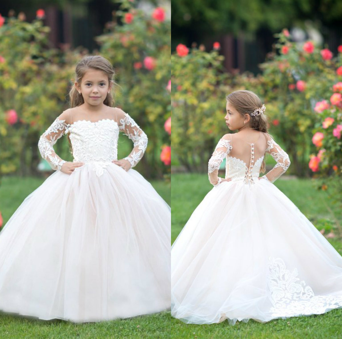 White Flower Girl Dresses Jewel Neck Lace Appliqued Long Sleeve Ball Gown Girls Pageant Dress With Free Petticoat Kids Formal Dress
