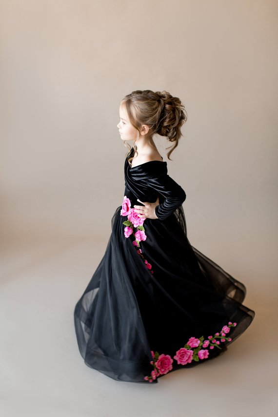 Black wer Girl Dresses With Pink Appliques Off The Shoulder or Length Long Sleeves Pageant Dress Custom Made Veet Girls Gowns