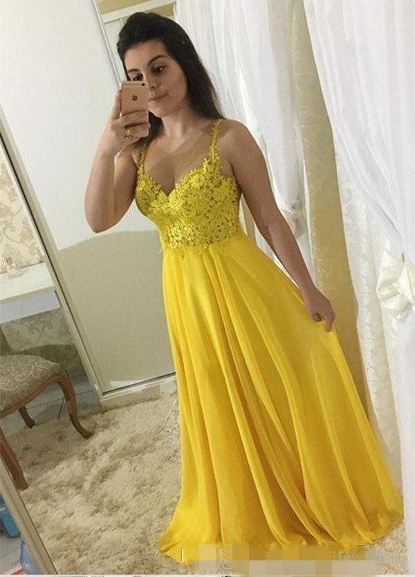 Yellow Chiffon Prom Dresses 2020 Newest Spaghetti Straps Illusion Back Lace Applique Floor Length Custom Made Evening Gown Formal Wear
