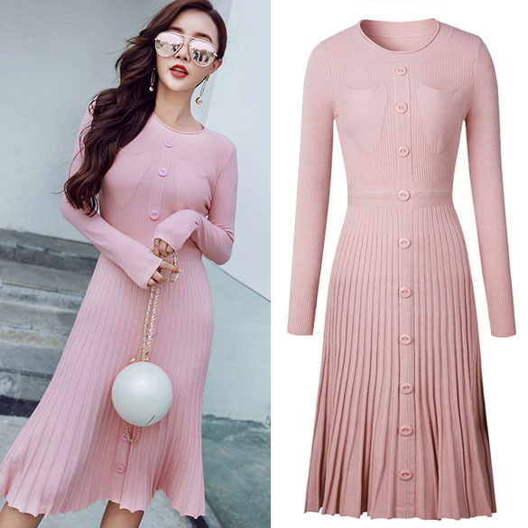 women's casual dress Autumn long-sleeved knitted One Piece pure color midi-long section dresses single-breasted pullover slim-fit sweety pleated skirt, Pink
women's casual dress Autumn long-sleeved knitted One Piece pure color midi-long section dresses single-breasted pullover slim-fit sweety pleated skirt, Pink