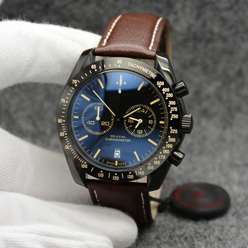 44MM Quartz Chronograph Date Mens Watches Yellow Number Markers Brown Leather Band Fixed Bezel With A Top Ring Showing Tachymeter Markings, 13
44MM Quartz Chronograph Date Mens Watches Yellow Number Markers Brown Leather Band Fixed Bezel With A Top Ring Showing Tachymeter Markings, 13
