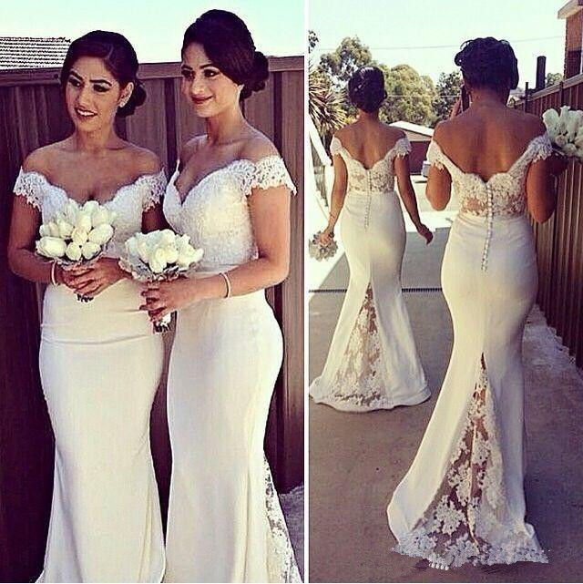 

2019 Cheap Long Formal Dresses for Women Lace Off Shoulder Mermaid Sweep Train Bridesmaid Dresses Covered Button Back