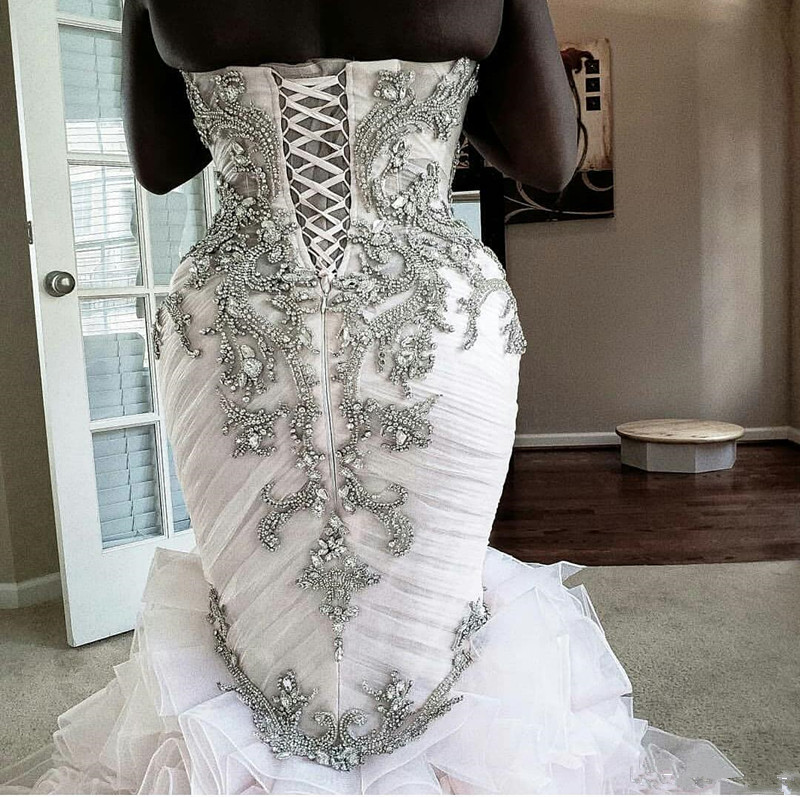 cascading ruffles crystal mermaid wedding dresses plus size sweetheart laceup corset african sparkly church wedding gown