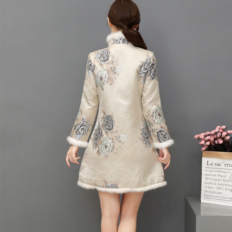 Chinese Style Cheongsam Women Temperament Plush Floral Print Dress Chinese Style Qipao 2020 New