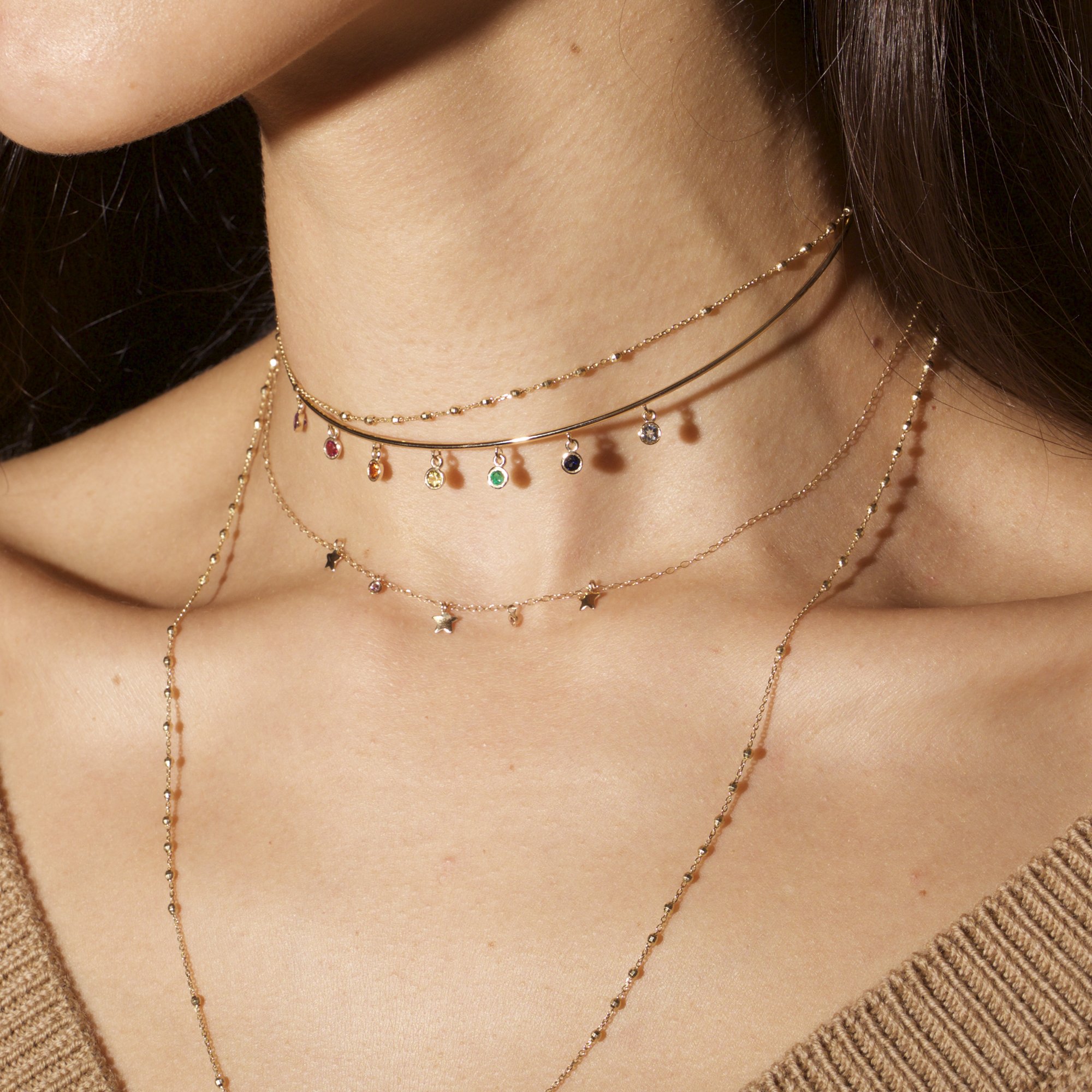 Wholesale- Torques necklace gold plated rainbow colorful cz drop round dots matal wire open cuff collar choker necklaces