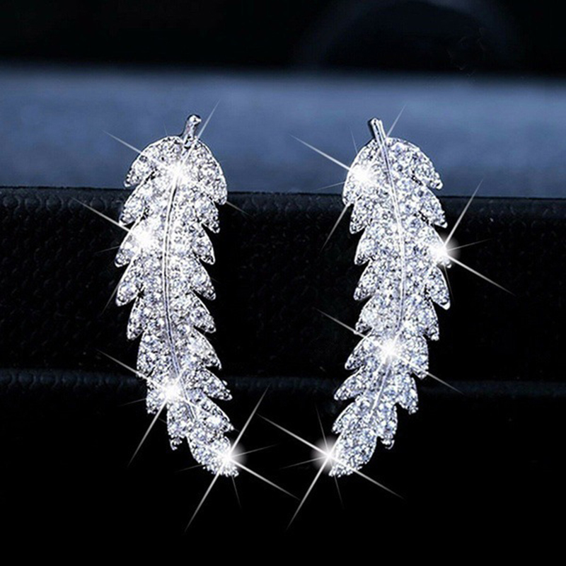 White Zircon Leaves Stud Earrings Charm Diamond Dangle Earring Ear Bone Nail Women Men No Allergies