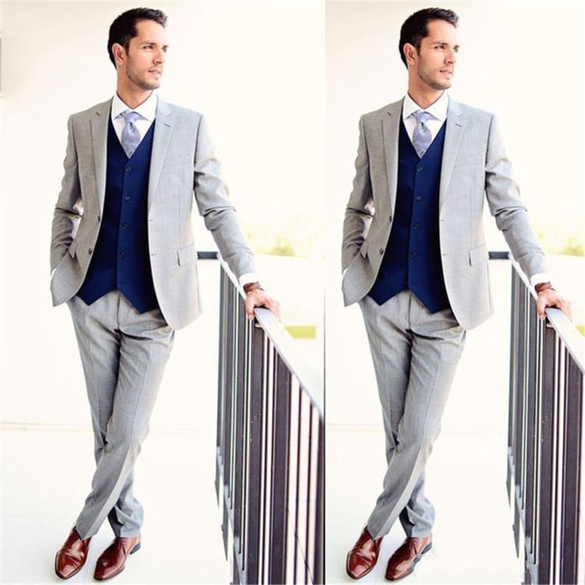 Latest Design Two Buttons Light Grey Wedding Men Suits Notch Lapel Three Pieces Business Groom Tuxedos (Jacket+Pants+Vest+Tie) W1143