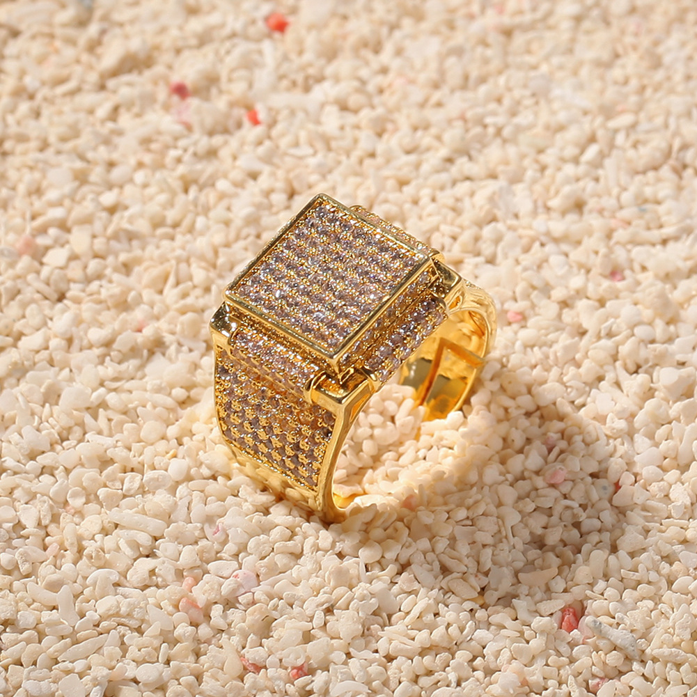 Men's Hip Hop Square Rings 18k Real Gold Plated Bling Cubic Zircon Diamond Finger Ring Jewelry Gift