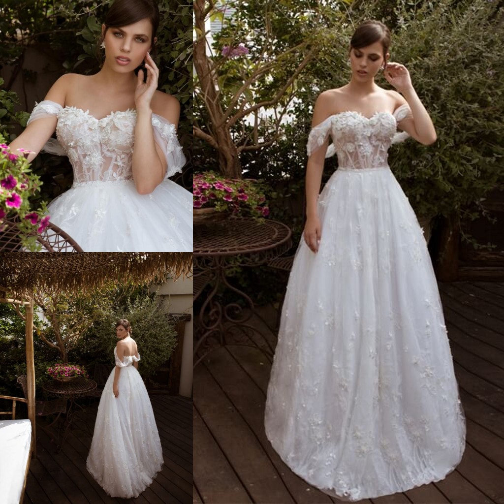 off shoulder wedding dresses 3d flower lace appliques tulle bridal gowns girls illusion backless sweep train robes de marie