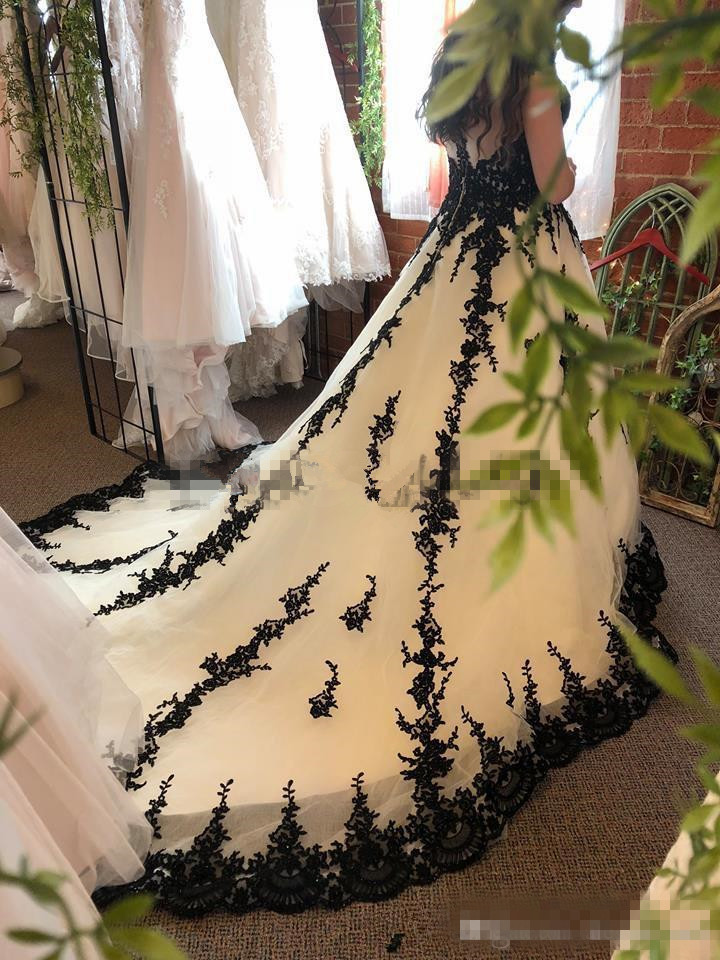 Black Lace Applique White Organza A-e Dresses Capped Sleeves Sheer Neck Cathedral Train Wedding Bridal Gowns