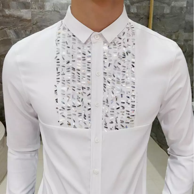 New Korean Brand Fashion Sequin Slim Fit Mens Lace Shirt Long Sleeve Men Dress Shirts Casual Designer Clothes Black White