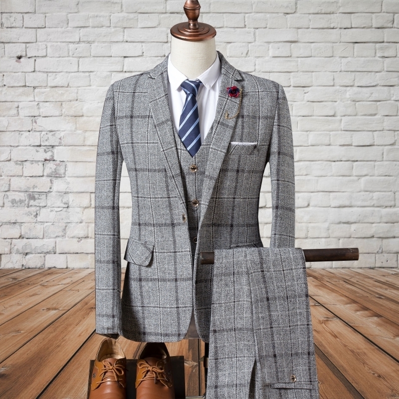 Blazers Pants Vest Sets / 2018 fashion men's casual boutique business plaid suit jacket coat trousers waistcoat 3 pieces sets C18122501