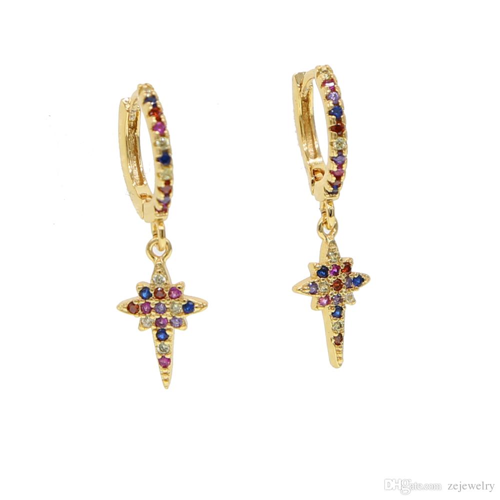 gold color rainbow cubic zirconia CZ cross snowflake hoop earrings 2018 trendy fashion women Gift party Classic earring jewelry