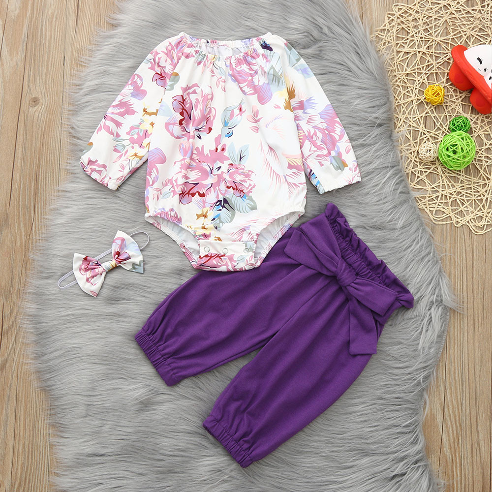 Newborn Baby Clothing Set 3PCs Girls Floral Romper Jumpsuit Tops Pants Headband Outfits Set roupas menina
