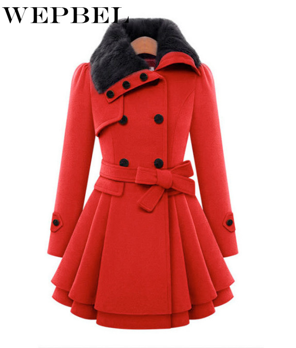 WEPBEL Womens Vintage Woolen Coat Double Buckle Trench Coats Lady Fur Collar Peacoat Winter Coat Jackets Outwear Plus Size 5XL