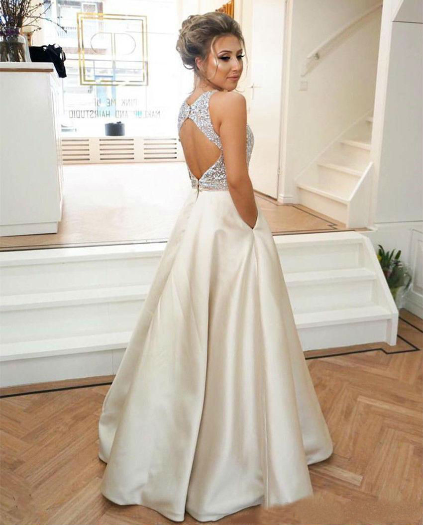 Sexy Open Back Prom Dresses 2019 A Line Sparkly Sequins Jewel Neck Beaded Evening Dress with Pockets Formal Party Gowns