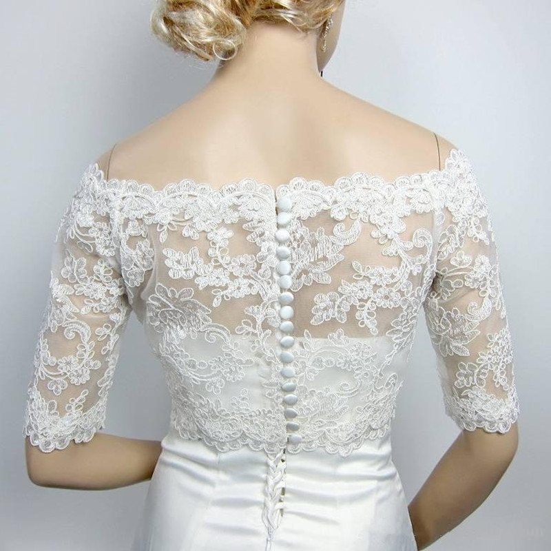 Vintage Bridal Jackets White Ivory Bolero Wedding Top Lace Appliques Half Sleeve Custom Made Button Back Plus Size Bridal Accessories
