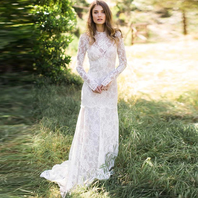 Modest Full Lace Country Wedding Dresses Sheath Jewel Neckline Illusion Long Sleeves Mermaid Open Back Bohemian Garden Bridal Gown Plus Size