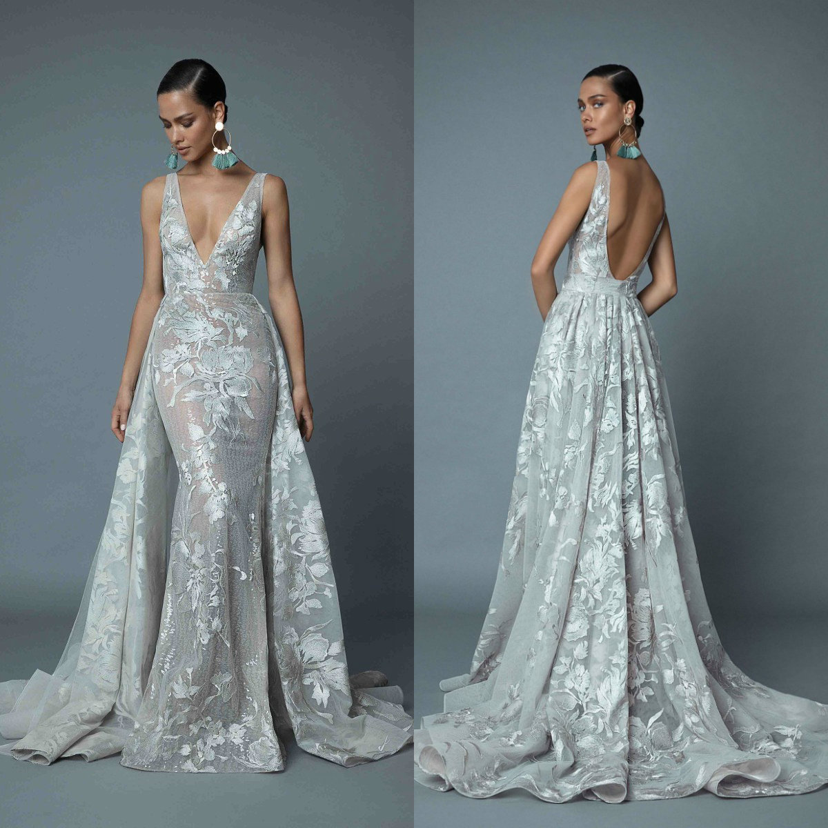 Berta 2020 Prom Dresses V Neck Lace Appliques Mermaid Evening Gowns Custom Made Detachable Train Plus Size Special Occasion Dress, Brown 
Berta 2020 Prom Dresses V Neck Lace Appliques Mermaid Evening Gowns Custom Made Detachable Train Plus Size Special Occasion Dress, Brown