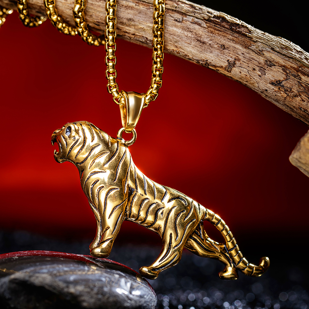Hip Hop Domineering Tiger Pendat Necklace 316L Stainless Steel with Silver Gold Twist Chain Necklace Jewelry