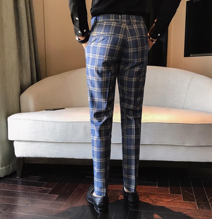 Mens fashion Men Dress Pant Plaid Business Casual Slim Fit Homme Classic Vintage Check Suit Trousers Wedding Pants