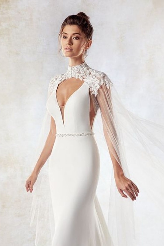 Eddy K Bridal Jackets Custom Made High Collar Lace Appliqued Wedding Cape Shawls Women Long Wraps for Formal Dresses