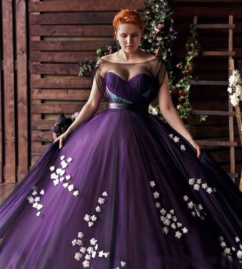 Purple Plus Size Prom Dresses Floral Applique Off The Shoulder Evening Gowns A Line Sweep Train Tulle Formal Dress