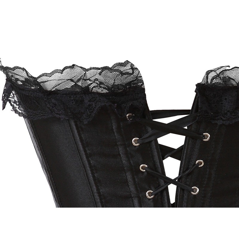Women Burlesque Plus Size S-6XL Black Overbust Corset Lingerie Top Body Shaper Sexy Lace Up Plastic Boned Corselet with Ruffle Lace Trim