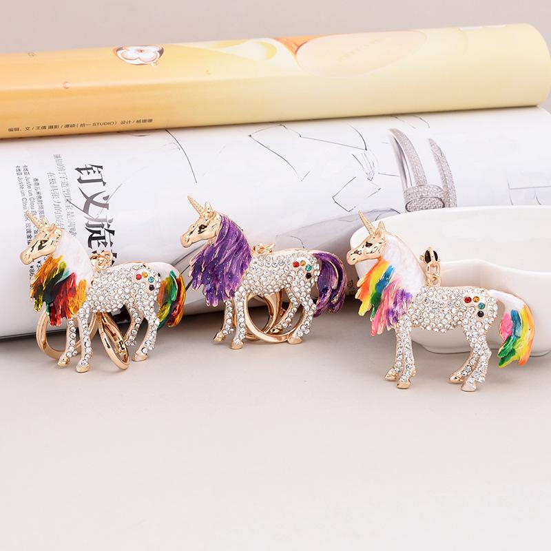 Lucky Unicorn Pendant Keychains Colourful Enamel With Rhinestone Gold Color Metal Charms Key Chains Rings For Women Children