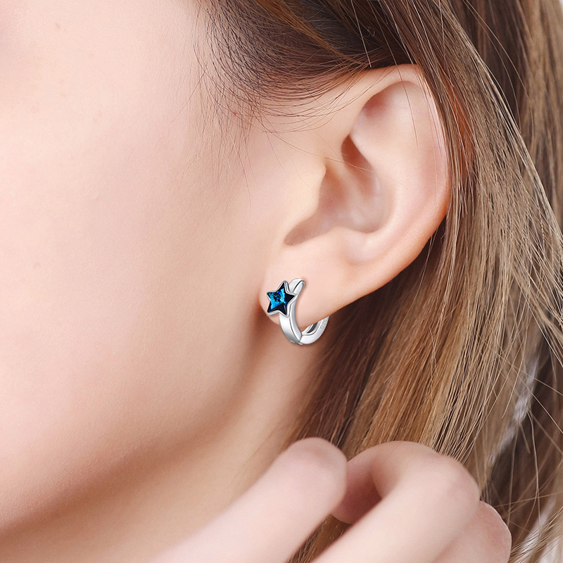 Shineland Blue Stars Round Circle Hoop Earrings 925 Sterling Silver Jewelry For Women Girls Statement Earrings Summer Hot Gifts Y18110503