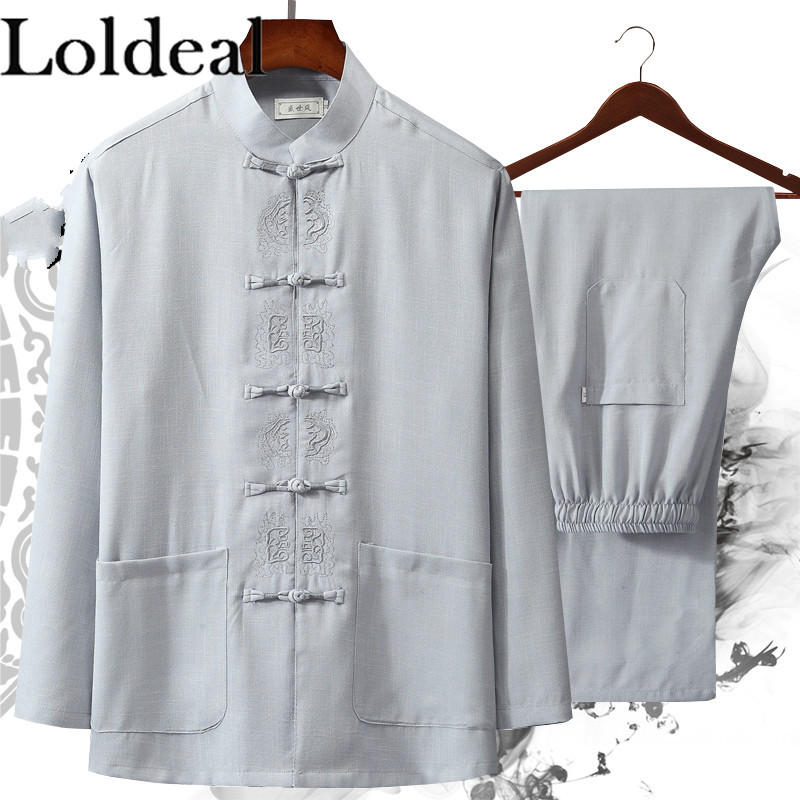 Loldeal Chinese Style Long-sleeved Shirt Set Men Cotton and Linen Embroidery Stand Collar Retro Button Slim Tang Suit + Pants, Light grey
Loldeal Chinese Style Long-sleeved Shirt Set Men Cotton and Linen Embroidery Stand Collar Retro Button Slim Tang Suit + Pants, Light grey