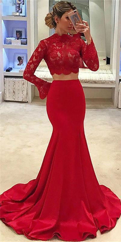Two Pieces Red Mermaid Prom Dresses 2019 High Neck Lace Long Sleeve Formal Evening Gowns Plus Size Special Occasion Dresses Cheap