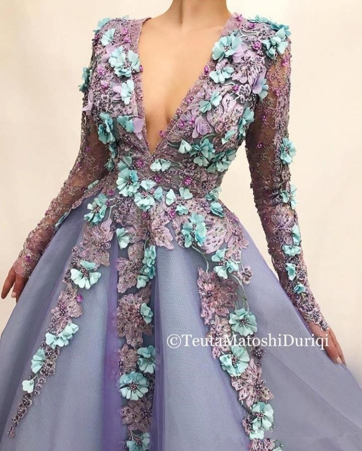 Lavender Lilac Long Sleeve Evening Pageant Dresses 2020 V-neck Lace 3D Floral African Arabic Formal Occasion Prom Wear Gowns