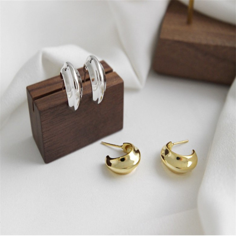 925 Sterling Silver Earrings For Women Simple Concave Convex Curved Smooth Stud Earring Female Geometric Circle Earring