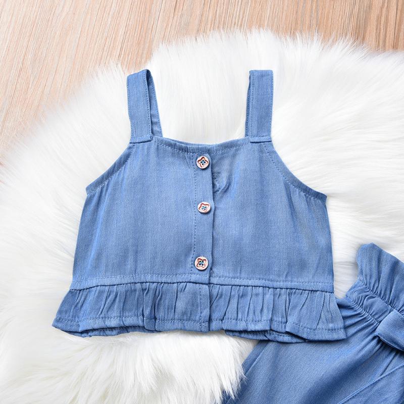 Toddler Baby Girls clothes Summer Strap Ruched Solid color blue Vest Tops Bow Pants Set 2pcs children girl Outfits dropshipping