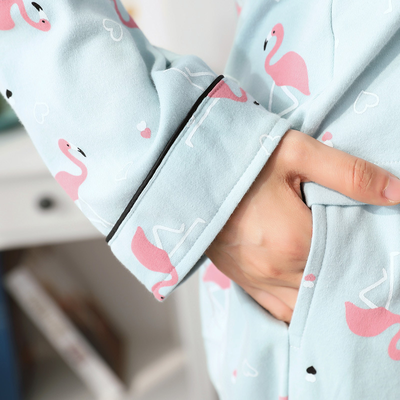 Print Flamingo Spring 2019 Loose Pajamas Women Girls Homewear Set Long Sleeve Elastic Waist Pants Cotton Lounge pyjamas S86907