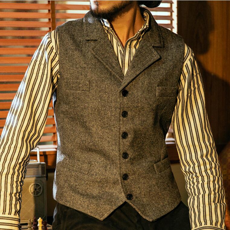 2020 Bristish Casual Groom Vests Peaked Lapel Dark Brown Wool Herringbone Tweed Groomsmen Attire Mens Suit Prom Wedding Waistcoat Dress 12