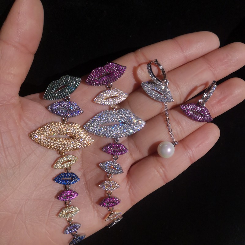 Asymmetry Lips Dangle Drop Earrings Bling Full Colorful Cubic Zirconia Jewelry Women Girl Gift