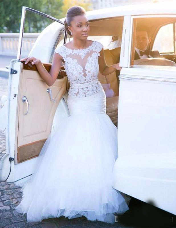 2020 Vintage Appliques Lace Mermaid Wedding Dresses Tulle Sweep Train African Wedding Dresses Style Garden Black Girls Bridal Gowns Custom