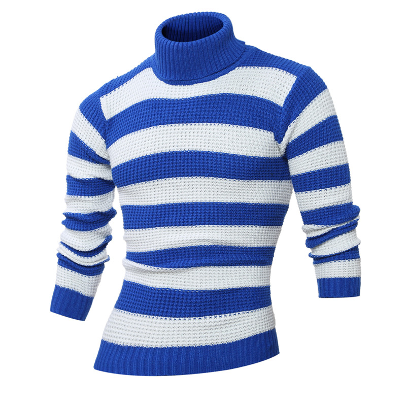 Men's Sweaters Winter Fashion Stripe Print Design Large Size Turtleneck Sweater Long Sleeve Contrast Casual