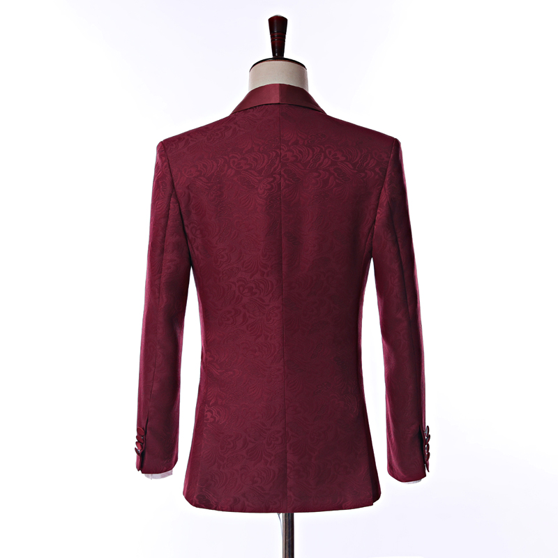 Real Picture Side Vent One Button Burgundy Paisley Groom Tuxedos Shawl Lapel Groomsmen Wedding Men Party Suits (Jacket+Pants+Tie) W12