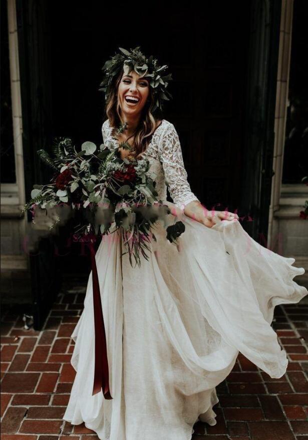 2020 Bohemian Two Pieces Wedding Dresses 3 4 Long Sleeve V Neck Sweep Train Lace Top Chiffon Beach Garden Country Boho Bridal Gowns